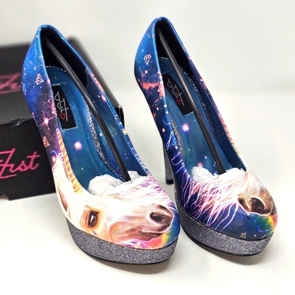 Iron Fist ✦ Unicorn Platform Heels ✦ Graphic Faux Leather Glitter Sole & Round 7 - Picture 12 of 14